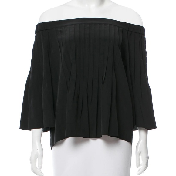 Tibi Black Pleated Off-the-Shoulder Silk Blouse with bell sleeves - Picture 1 of 9